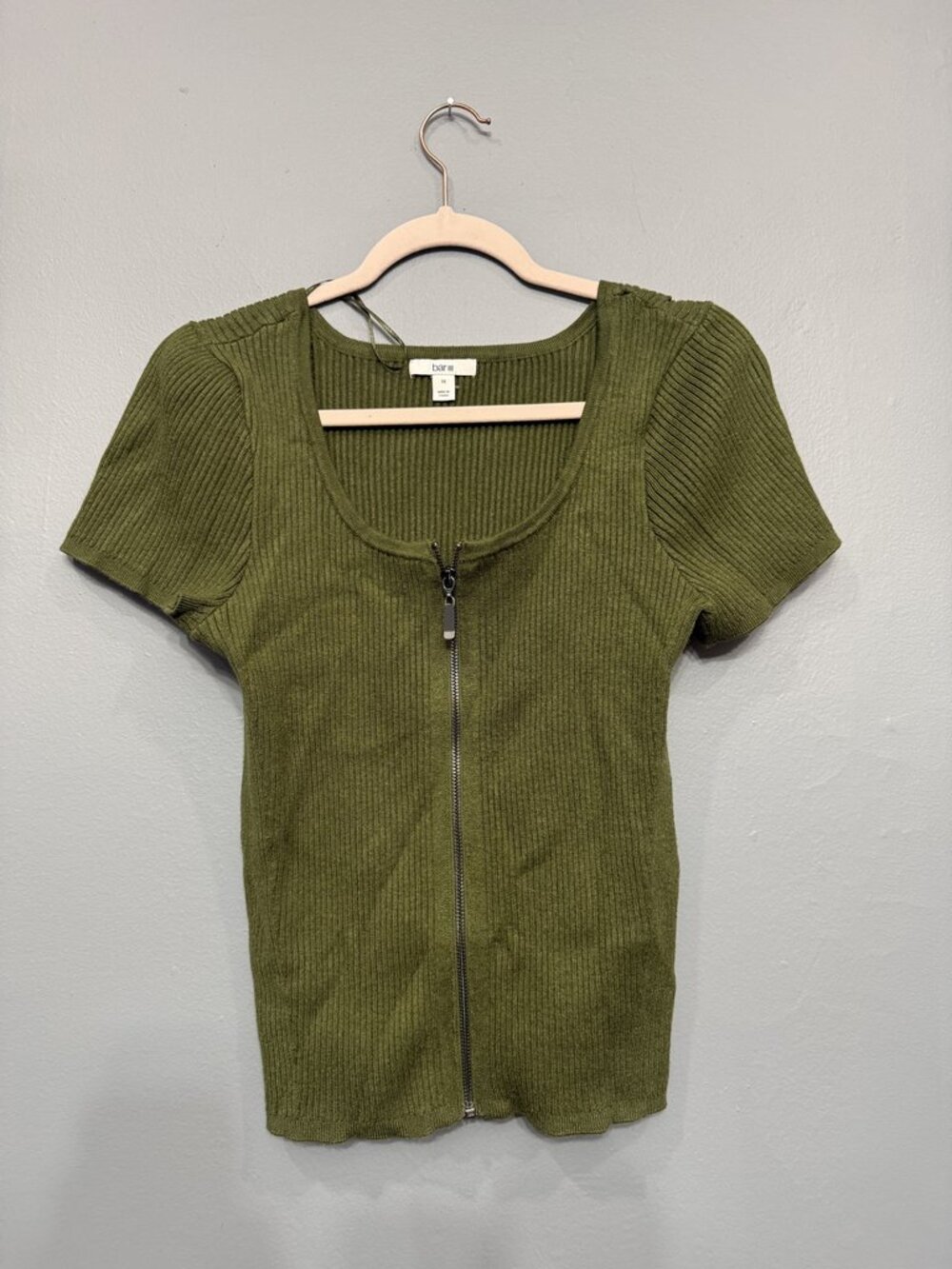 Bar III Olive Green Ribbed Knit Zip Front Square Neck Short Sleeve Top 1X